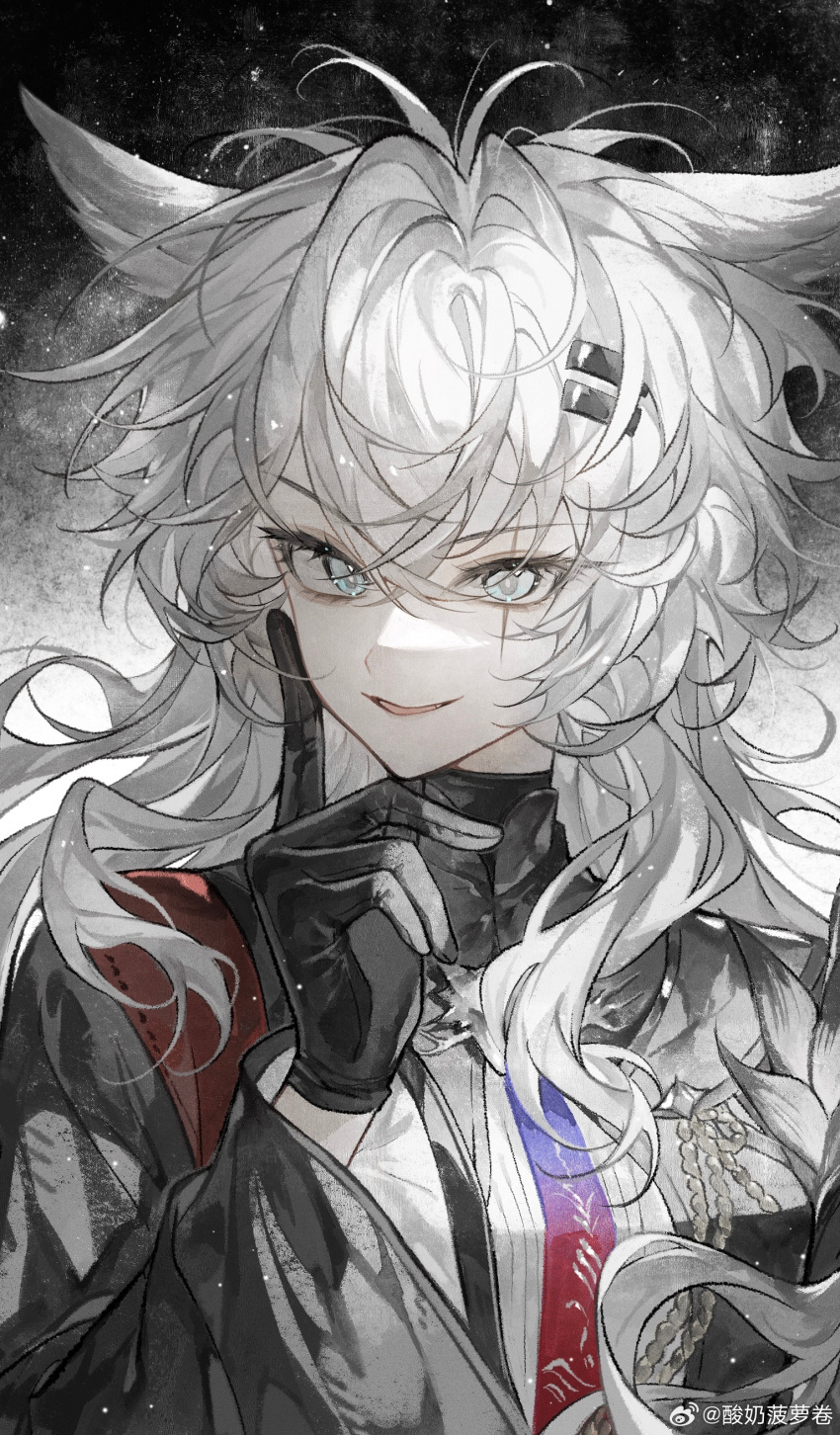 1girl, absurdres, aiguillette, animal_ear_fluff, animal_ears, arknights, artist_name, black_background