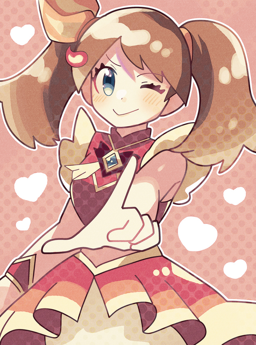 1girl, ;), anidler91, blue_eyes, blue_gemstone, brown_hair, closed_mouth, crop_top