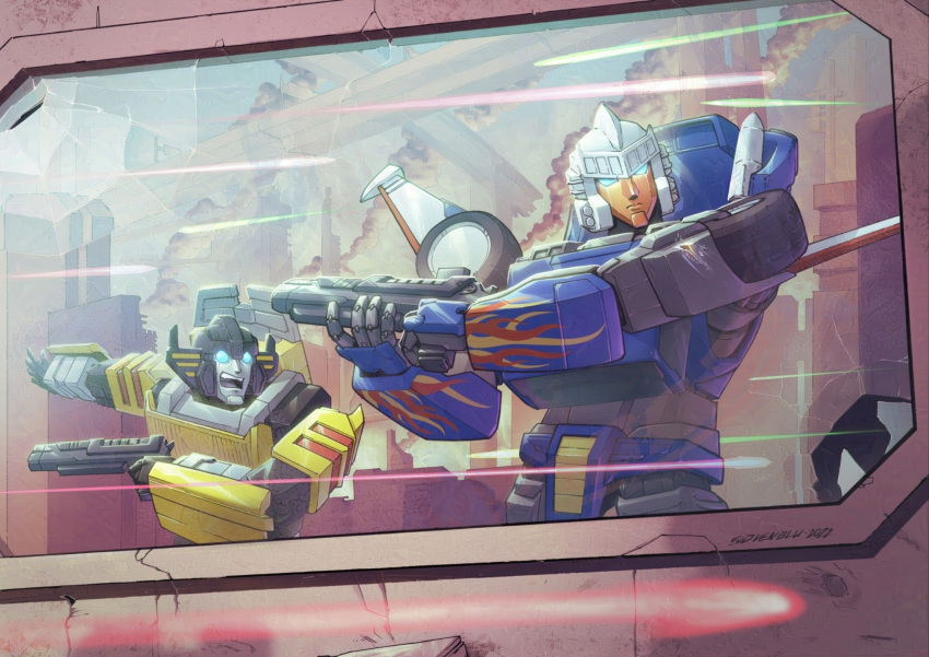2boys, blue_eyes, energy_gun, helmet, highres, humanoid_robot, laser_rifle, mecha