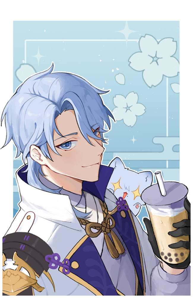 1boy, blue_cat, blue_eyes, blue_hair, bow, bubble_tea, cherry_blossom_print, collared_jacket