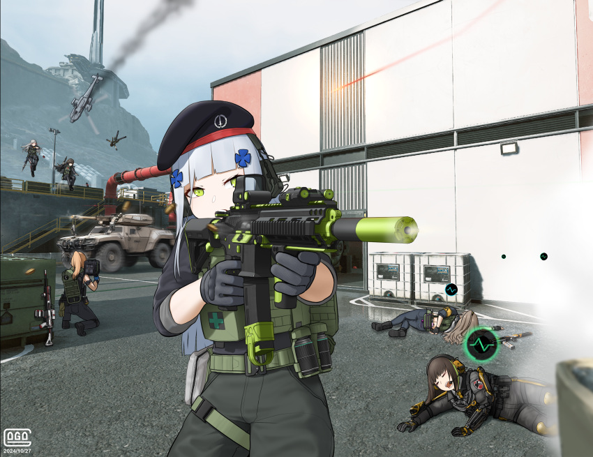 6+girls, absurdres, aiming, aircraft, assault_rifle, beret, black_hat, blue_pants