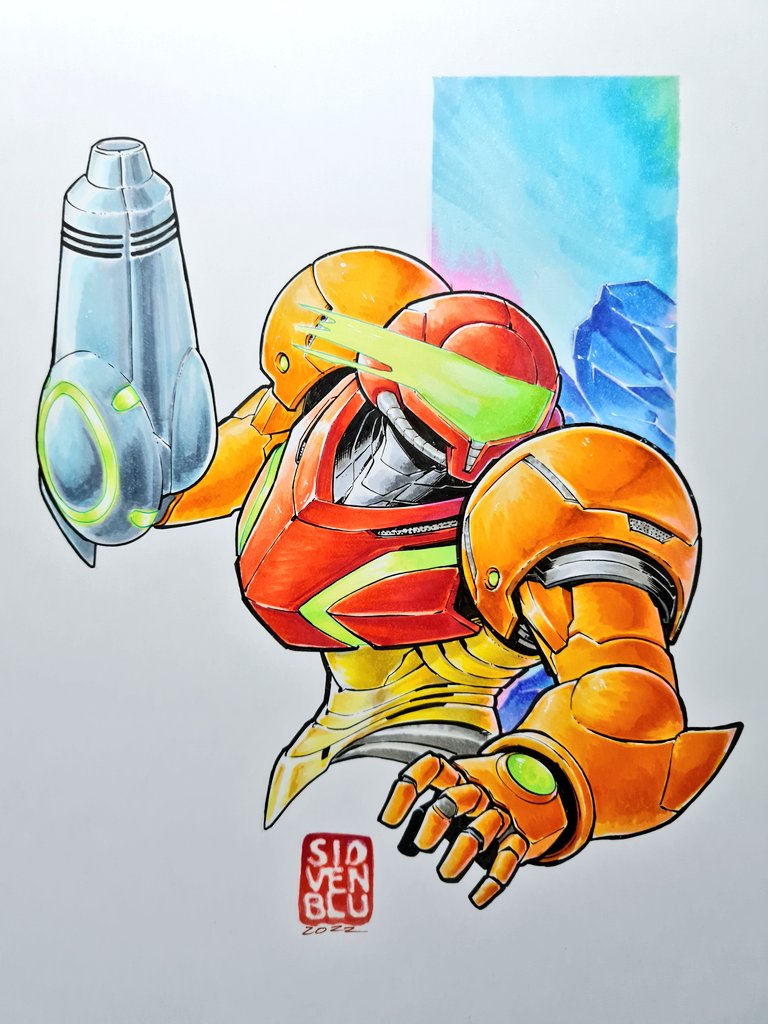 1girl, arm_cannon, armor, assault_visor, green_visor, metroid, power_armor, power_suit