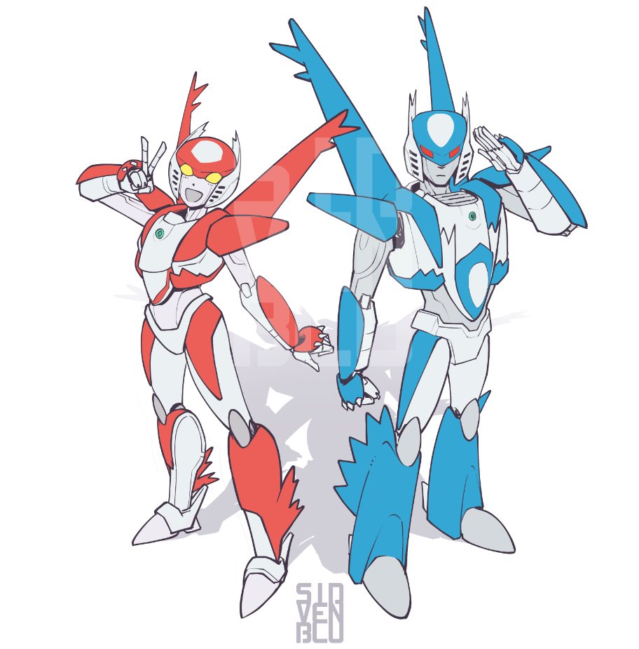1boy, 1girl, helmet, humanoid_robot, latias, latios, mecha, mechanical_wings, mechanization, pokemon, red_eyes, robot, robot_girl, sidvenblu, transformers, v, white_background, wings, yellow_eyes