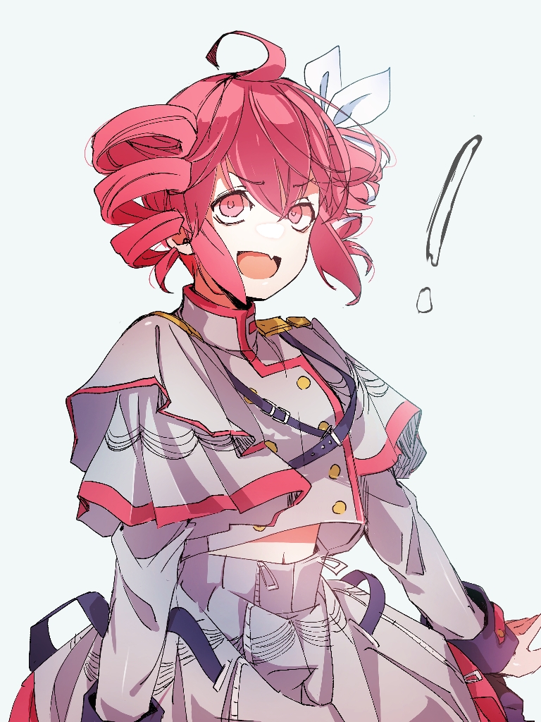 !, 1girl, ahoge, arms_at_sides, belt, black_belt, black_sleeve_cuffs, bow, buttons, double-breasted, drill_hair, fang, flat_chest, grey_background, grey_jacket, grey_skirt, hair_between_eyes, hair_bow, hair_ribbon, jacket, kasane_teto, kasane_teto_(sv), layered_skirt, long_sleeves, looking_at_viewer, midriff_peek, navel, red_eyes, red_trim, redhead, ribbon, shirt, shoulder_belt, shoulder_boards, simple_background, skin_fang, skirt, sleeve_cuffs, sleeves_past_elbows, solo, staff_(music), standing, striped_clothes, striped_jacket, striped_shirt, sweater_701, synthesizer_v, tongue, twin_drills, twintails, upper_body, utau, vocaloid, white_bow, white_ribbon
