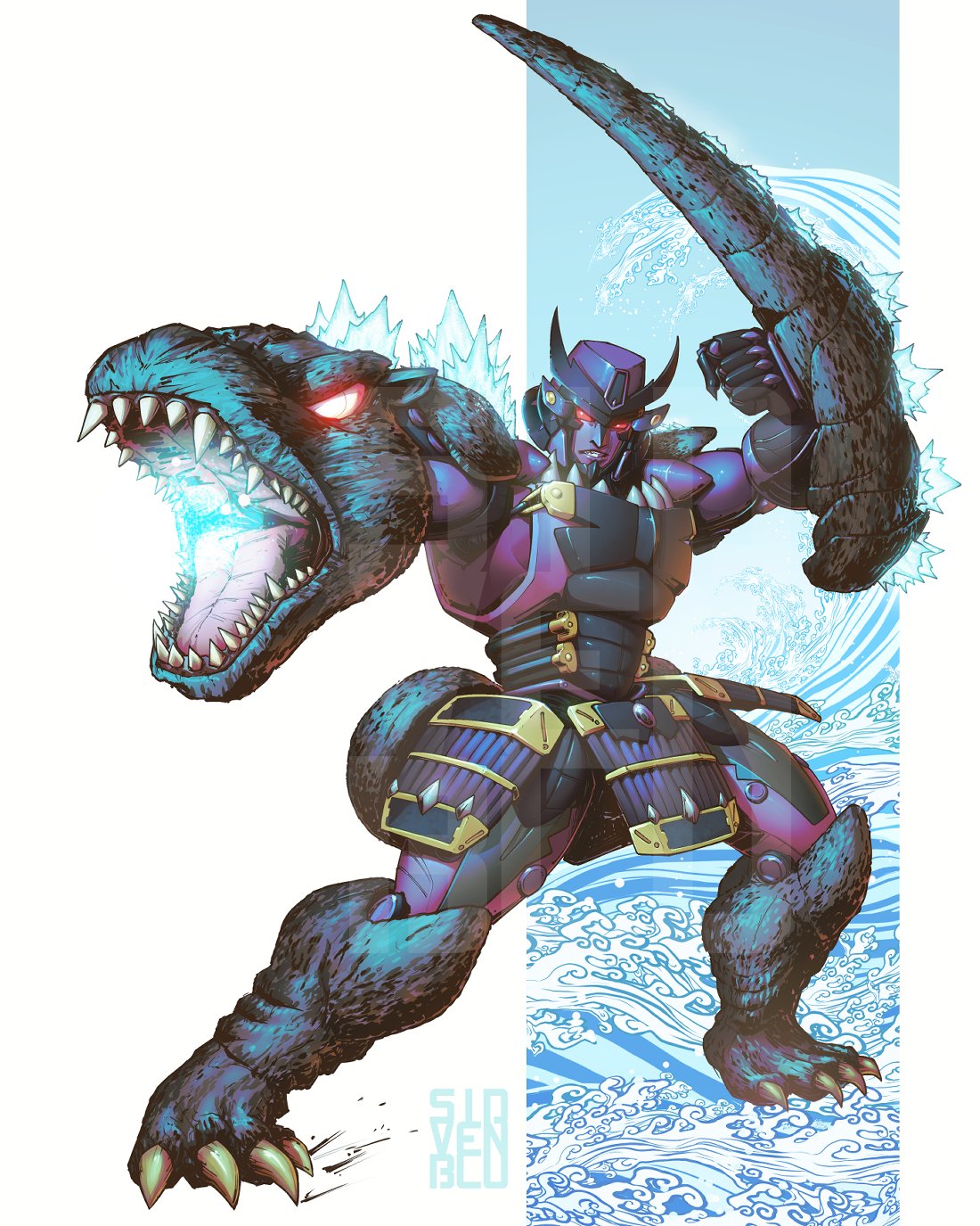 1boy, beast_wars, beast_wars:_transformers, dinosaur, glowing, glowing_eyes, glowing_mouth, godzilla, godzilla_(series), highres, humanoid_robot, jaw, kaiju, machine, mecha, megatron_(beast_wars), monster, red_eyes, reptilian, robot, sidvenblu, spines, transformers