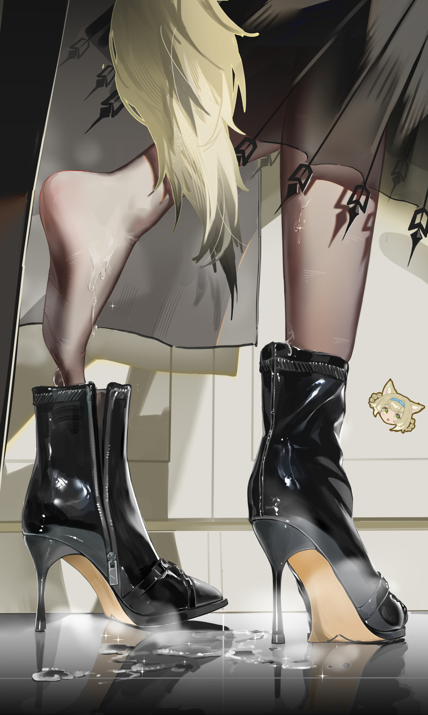 1girl, absurdres, ankle_boots, arknights, black_footwear, boots, character_sticker, chinese_commentary, commentary_request, diffraction_spikes, door, feet, foot_focus, footwear_focus, grey_pantyhose, grey_skirt, high_heels, highres, huade_xiami, indoors, latex, latex_boots, pantyhose, plantar_flexion, reflective_floor, removing_shoes, skirt, solo, sparkle, stiletto_heels, suzuran_(arknights), tail, vulpisfoglia_(arknights), water, water_drop, wet, zipper, zipper_pull_tab