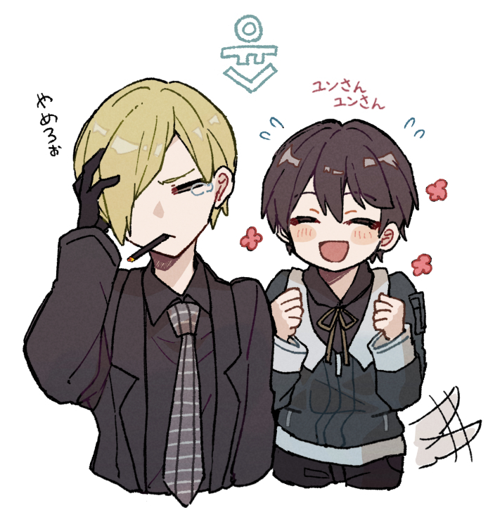 2boys, :d, annoyed, black_gloves, black_jacket, black_pants, black_shirt, blonde_hair