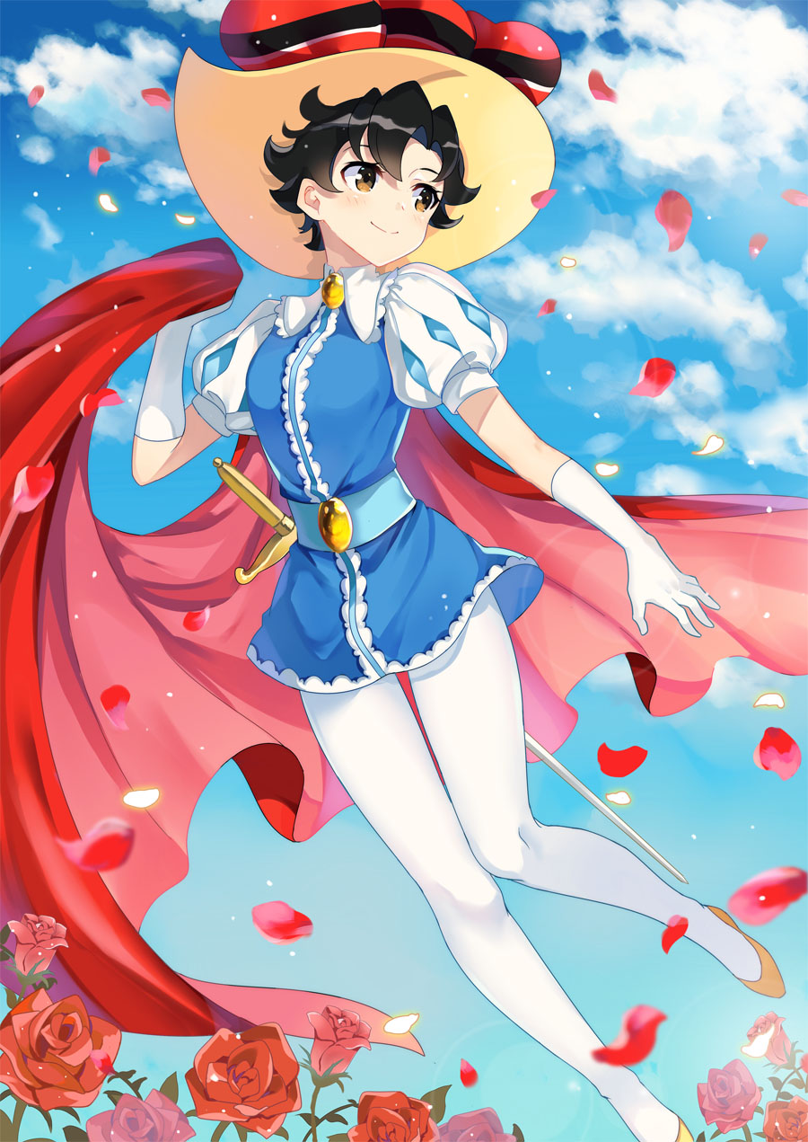 1girl, belt, black_hair, blue_belt, blue_sky, blush, bow, breasts