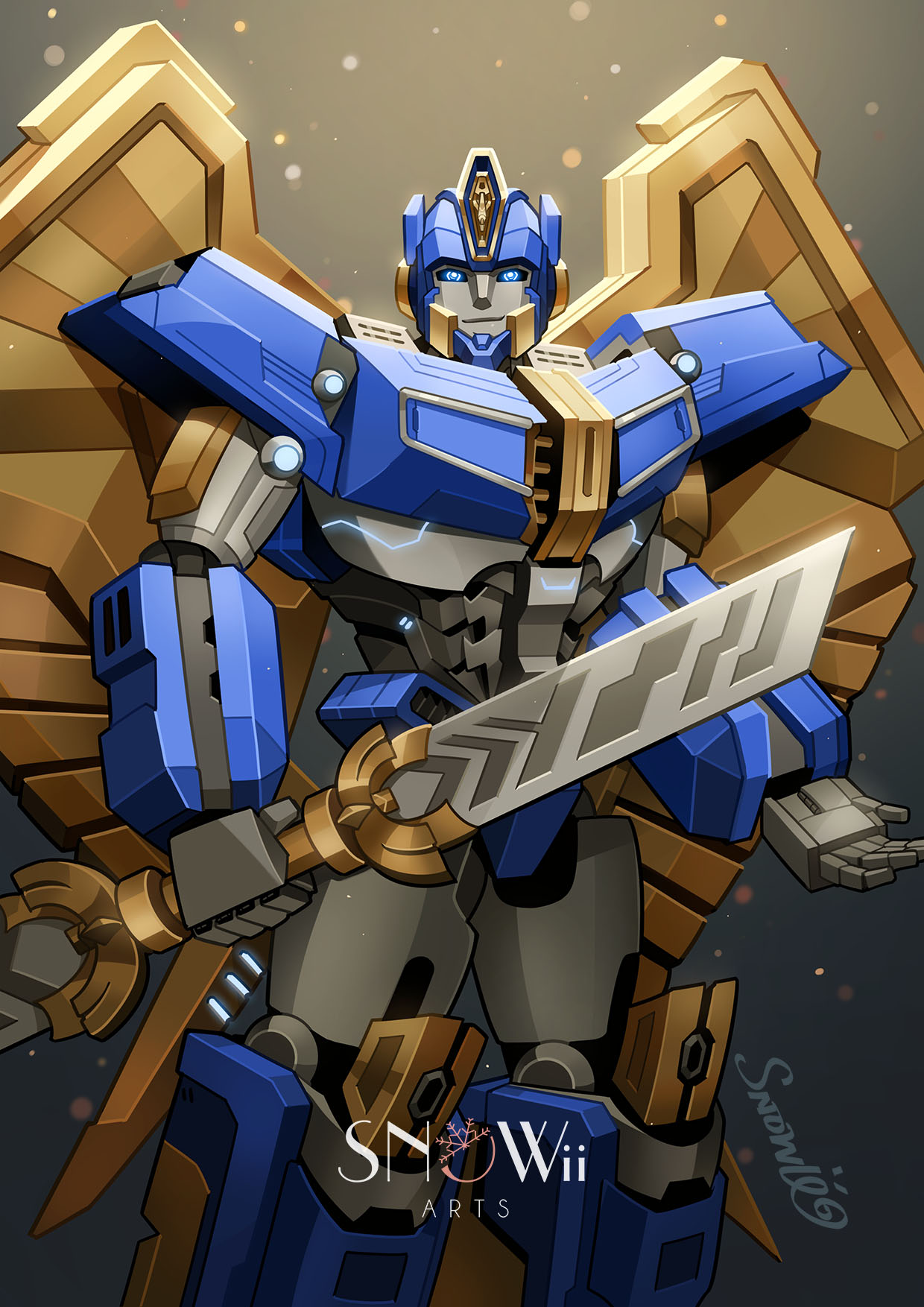 1boy, blue_eyes, blue_helmet, helmet, highres, humanoid_robot, mecha, mechanical_wings