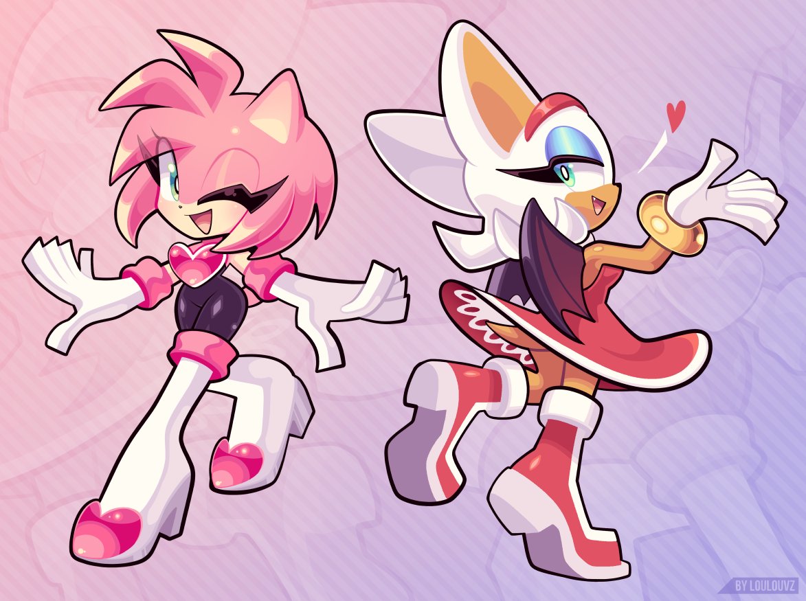 >_o, 2girls, :d, amy_rose, animal_ears, bat_ears, bat_wings, black_pants