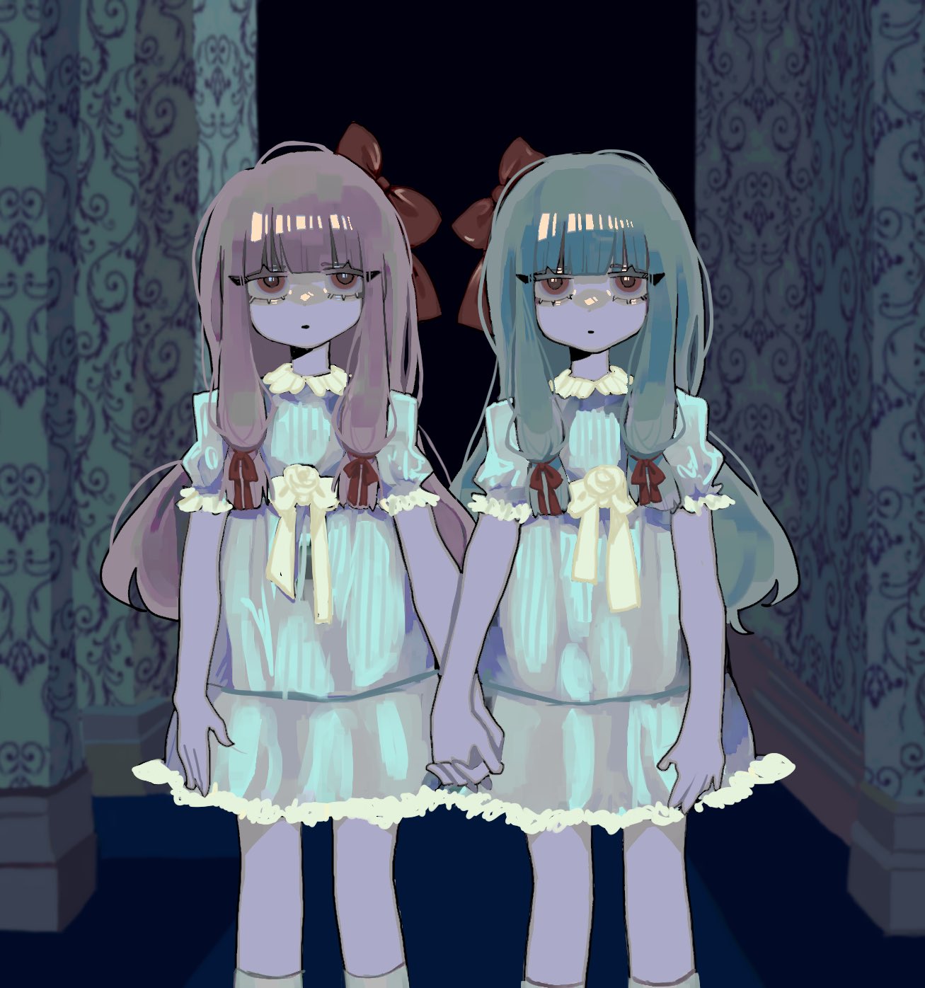 2girls, aged_down, blue_dress, blue_hair, blunt_bangs, bow, commentary_request, cosplay