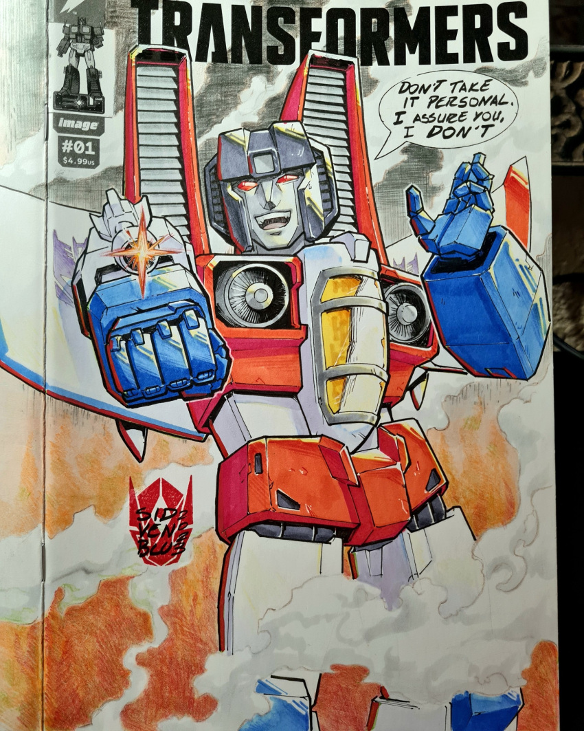 airplane_wing, arm_cannon, comic_cover, decepticon, english_text, helmet, highres, humanoid_robot