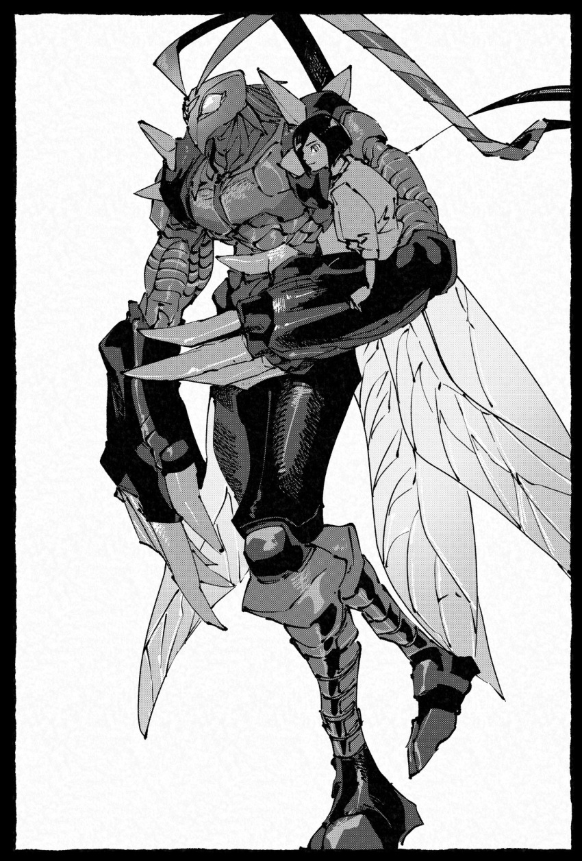 1boy, 1other, antennae, armor, border, bug, claws, digimon