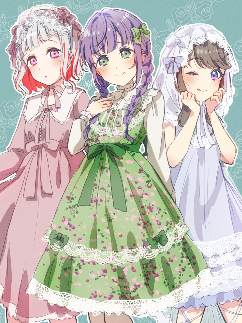 3:, 3girls, :o, ;p, bow, braid, breasts, brown_hair, closed_mouth, colored_inner_hair, commentary_request, cosplay, diagonal_bangs, dress, embarrassed, feet_out_of_frame, frilled_hairband, frills, fujishima_megumi, green_bow, green_dress, green_eyes, grey_dress, grey_hair, hair_bow, hairband, hanamiya_nina, hanamiya_nina_(cosplay), hands_on_own_cheeks, hands_on_own_face, highres, kyaku_tasu, lace-trimmed_dress, lace_trim, light_frown, link!_like!_love_live!, lolita_fashion, lolita_hairband, long_hair, long_sleeves, love_live!, medium_breasts, medium_dress, multicolored_hair, multiple_girls, one_eye_closed, otomune_kozue, parted_lips, pink_dress, pink_eyes, puffy_long_sleeves, puffy_sleeves, purple_hair, redhead, sasaki_kotoko, sasaki_kotoko_(cosplay), short_hair, short_sleeves, sidelocks, smile, split_mouth, streaked_hair, tongue, tongue_out, tsukine_kona, tsukine_kona_(cosplay), twin_braids, veil, violet_eyes, virtual_youtuber, voice_actor_connection, white_veil, yugiri_tsuzuri