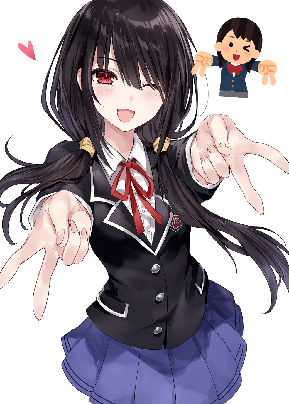 1girl, ;d, asle, black_hair, black_jacket, blazer, collared_shirt, commentary