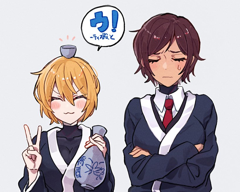 2girls, :3, balancing_on_head, black_coat, black_jeogori, black_shirt, blade_lineage_(identity)_(project_moon), blonde_hair