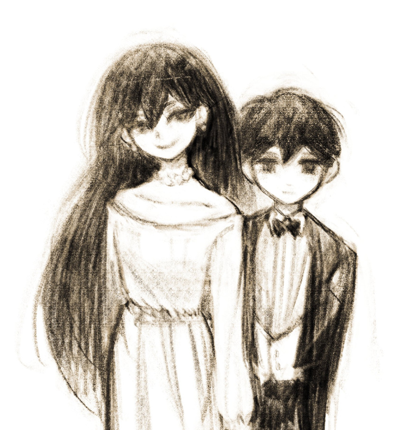 1boy, 1girl, aged_down, bare_shoulders, bow, bowtie, brother_and_sister, closed_mouth