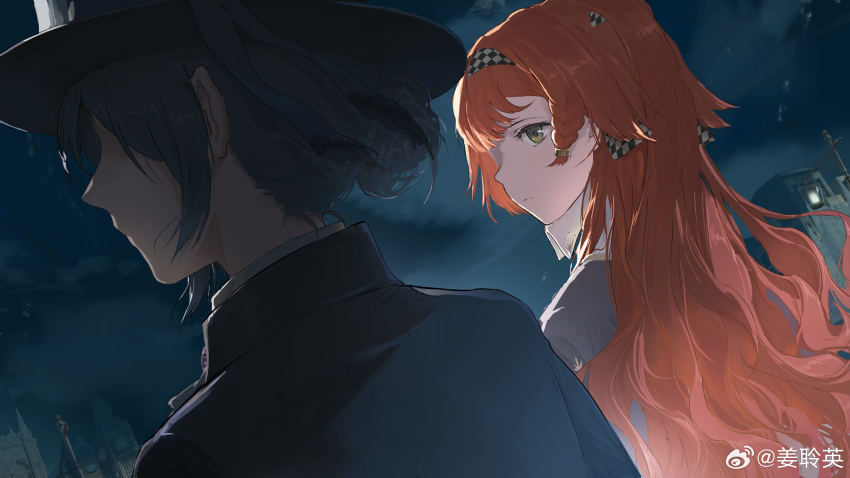 2girls, absurdres, black_coat, black_hat, building, checkered_hairband, chongyu, closed_mouth