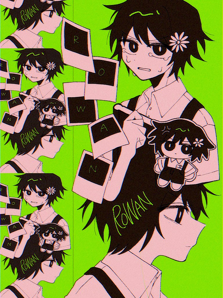 1boy, alternate_costume, alternate_hair_color, alternate_hairstyle, basil_(faraway)_(omori), basil_(omori), black_hair, chibi
