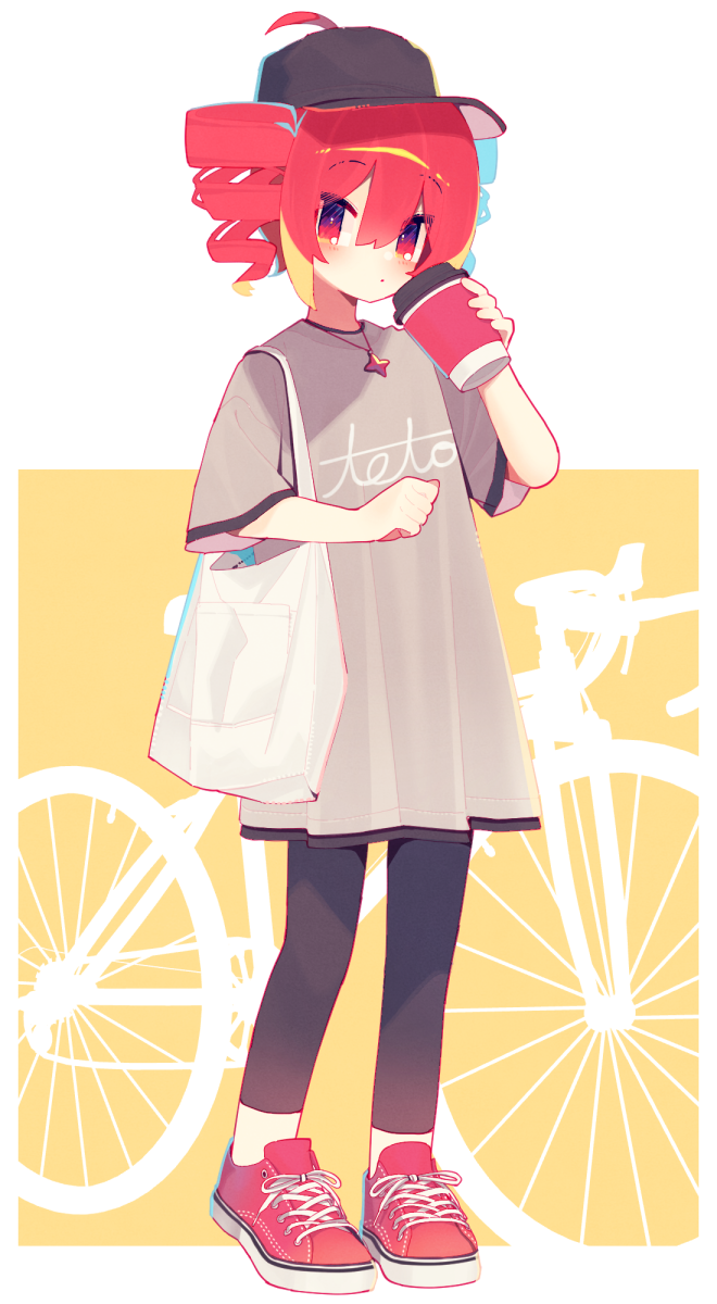 1girl, ahoge, aoi_tsuyu, bag, baseball_cap, black_hat, black_leggings, blush