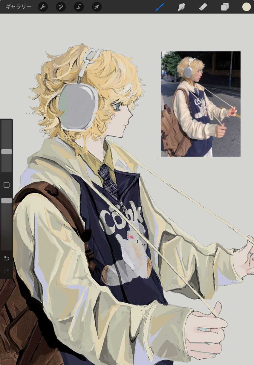 1girl, 94z4woxtl, art_program_in_frame, backpack, bag, blonde_hair, blue_eyes, collared_shirt