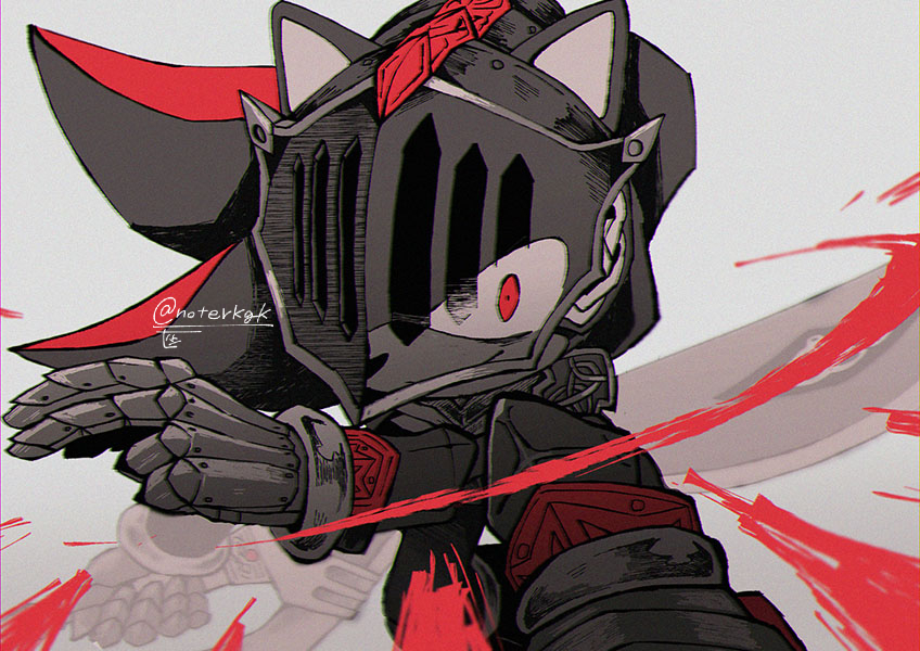 1boy, armor, artist_name, attack_trail, black_fur, chromatic_aberration, constricted_pupils, eyes_visible_through_headwear, feet_out_of_frame, full_armor, furry, furry_male, gauntlets, grey_background, hedgehog_boy, helmet, holding, holding_sword, holding_weapon, looking_at_viewer, male_focus, noto_(noterkgk), on_one_knee, red_eyes, red_fur, shadow_the_hedgehog, signature, simple_background, sir_lancelot_(sonic), solo, sonic_(series), sonic_and_the_black_knight, sword, twitter_username, two-tone_fur, weapon