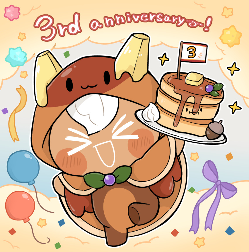 >_<, 1boy, acorn, anniversary, balloon, blush, butter, cape