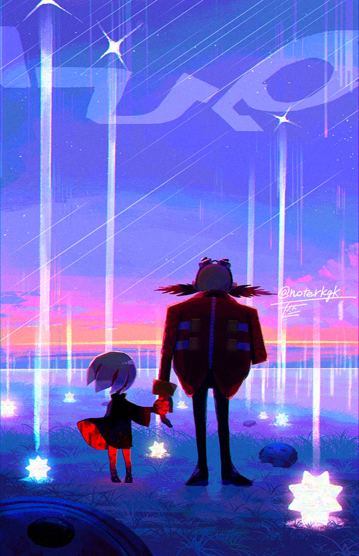 1boy, 1girl, artist_name, bald, black_dress, blue_sky, clouds, cloudy_sky, commentary_request, dr._eggman, dress, dusk, facial_hair, facing_away, from_behind, full_body, goggles, goggles_on_head, grass, holding_hands, jacket, koco_(sonic), long_sleeves, multicolored_sky, mustache, noto_(noterkgk), ocean, orange_sky, pink_sky, purple_sky, red_jacket, sage_(sonic), short_hair, signature, sky, small_stellated_dodecahedron, sonic_(series), sonic_frontiers, twitter_username, water, white_hair, wide_sleeves