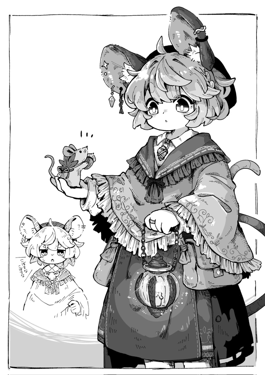 1girl, acorn, ahoge, alternate_costume, animal, animal_ear_fluff, animal_ear_piercing, animal_ears, bag, black_capelet, black_coat, black_skirt, branch_print, capelet, coat, collared_shirt, commentary_request, crystal_earrings, crystal_necklace, earrings, feet_out_of_frame, grey_cloak, greyscale, highres, holding, holding_acorn, holding_animal, holding_lantern, jewelry, lantern, leaf, long_sleeves, mame_komari, maple_leaf, monochrome, mouse_(animal), mouse_ears, mouse_girl, mouse_tail, nazrin, notice_lines, o_o, ribbon, ribbon-trimmed_capelet, ring, shirt, short_hair, shoulder_bag, skirt, tail, touhou, translation_request, white_shirt, white_sleeve_cuffs, zig-zag_pattern