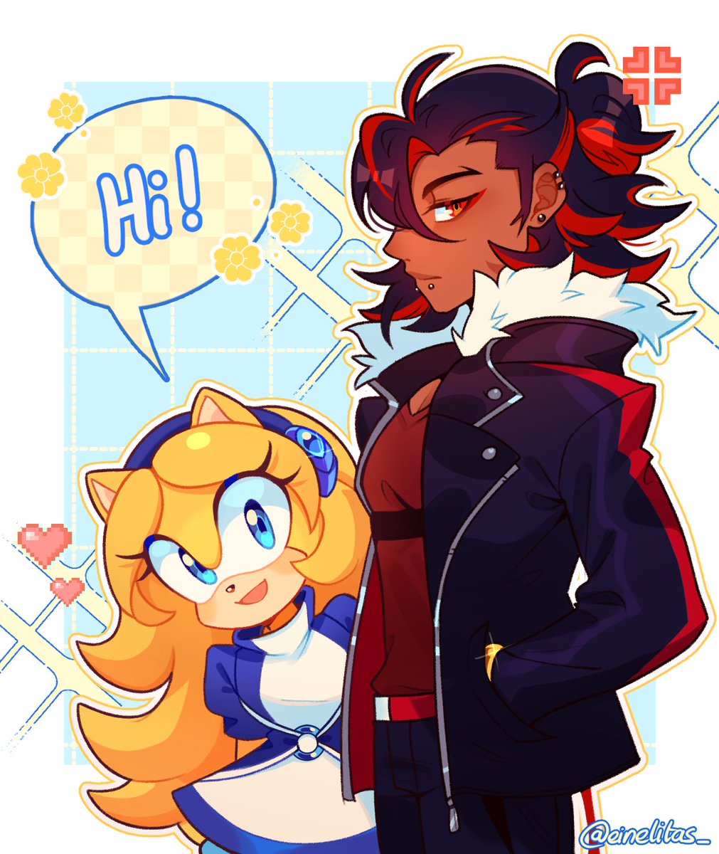 :d, anger_vein, artist_name, black_hair, black_jacket, black_pants, blonde_hair, blue_background, blue_dress, blue_eyes, blue_hairband, border, borrowed_design, bracelet, chest_belt, closed_mouth, cowboy_shot, dark-skinned_male, dark_skin, dress, ear_piercing, earrings, einelitas, english_text, eyeshadow, flower, fur-trimmed_jacket, fur_trim, furrification, furry, furry_female, glint, gold_bracelet, grid_background, hair_between_eyes, hairband, half_updo, hands_in_pockets, head_tilt, heart, hedgehog_girl, highres, humanization, jacket, jewelry, long_hair, long_sleeves, makeup, maria_robotnik, medium_hair, mouth_piercing, multicolored_hair, open_mouth, outline, outside_border, pants, piercing, red_eyes, red_eyeshadow, red_shirt, redhead, shadow_the_hedgehog, shirt, simple_background, smile, sonic_(series), sparkle_background, speech_bubble, streaked_hair, turtleneck, turtleneck_dress, twitter_username, two-tone_dress, white_border, white_dress, white_outline, yellow_fur