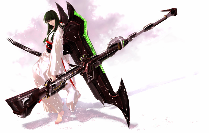 absurdres, barefoot, cherry_blossoms, claws, green_hair, gun, highres, huge_weapon, japanese_clothes, jian_huang, kimono, long_hair, mecha_musume, nagisa_ouka, ouka_nagisa, rapiecage, shadow, solo, super_robot_wars, super_robot_wars_original_generation, weapon, yellow_eyes