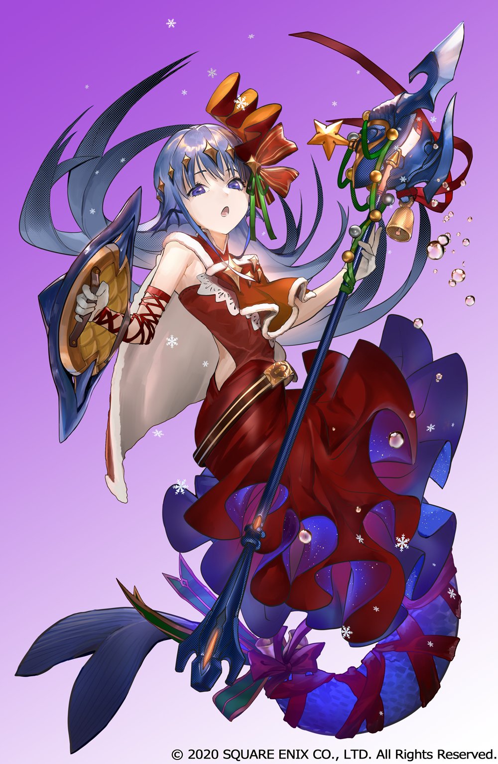 1girl, capelet, christmas, christmas_ornaments, copyright_notice, dress, full_body, gradient_background, grimms_notes, highres, holding, holding_polearm, holding_shield, holding_weapon, little_mermaid_(seiya)_(grimms_notes), long_hair, mermaid, monster_girl, nuda, official_art, polearm, purple_background, purple_hair, red_capelet, red_dress, shield, solo, violet_eyes, weapon