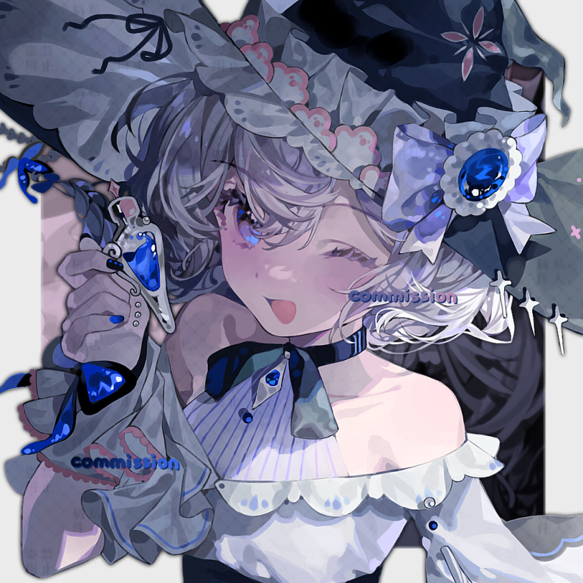 1girl, bare_shoulders, black_background, black_bow, black_bowtie, black_corset, black_hat, blue_bow, blue_gemstone, blue_nails, border, bow, bow_choker, bowtie, buttons, choker, collarbone, commission, corset, dot_nose, dress, eyelashes, floral_print, frilled_headwear, frilled_sleeves, frills, gem, gem_hat_ornament, grey_border, grey_hair, hair_between_eyes, happy, hat, hat_bow, holding_vial, lace-trimmed_wrist_cuffs, lace_trim, lanming_yitiao_jiushi_hua, large_hat, light_blush, looking_at_viewer, nail_polish, off-shoulder_dress, off_shoulder, one_eye_closed, open_mouth, original, outside_border, pinstripe_pattern, pinstripe_shirt, potion, purple_bow, shirt, shirt_under_dress, short_hair, short_sleeves, smile, solo, upper_body, violet_eyes, watermark, white_dress, white_shirt, white_wrist_cuffs, witch, witch_hat, wrist_bow, wrist_cuffs