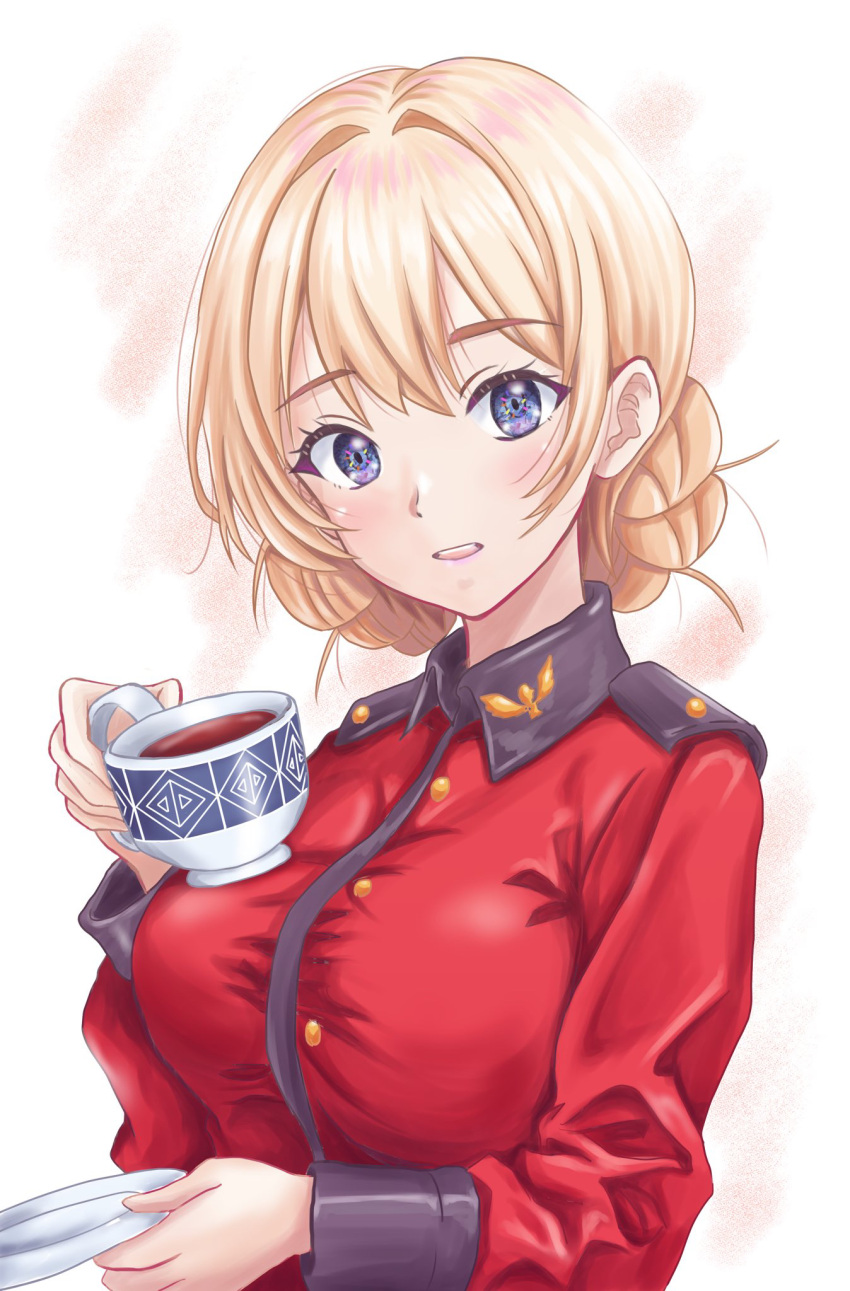 1girl, blonde_hair, blue_eyes, braid, cup, darjeeling_(girls_und_panzer), epaulettes, girls_und_panzer, highres, holding, holding_cup, holding_saucer, jacket, looking_at_viewer, military_uniform, open_mouth, pele@mix, red_jacket, saucer, short_hair, simple_background, smile, solo, st._gloriana's_military_uniform, teacup, twin_braids, upper_body, white_background