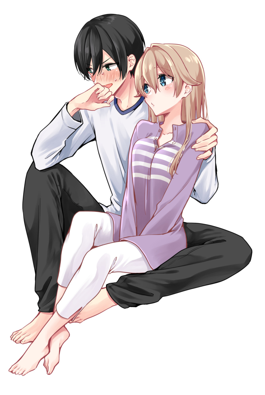 1boy, 1girl, aqua_eyes, asazuki_norito, barefoot, black_hair, blonde_hair, blue_eyes