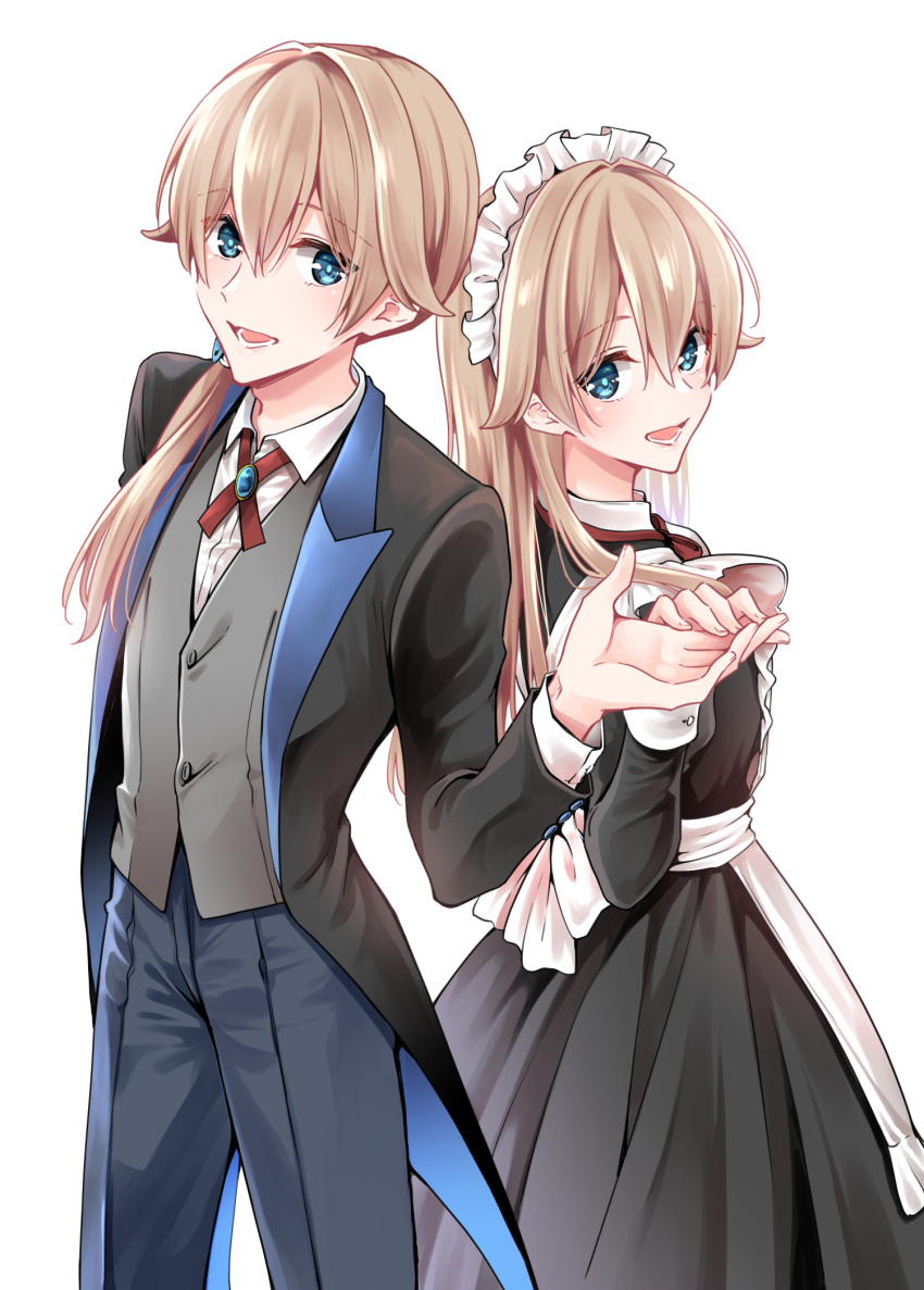 1boy, 1girl, apron, asazuki_norito, black_coat, black_dress, blonde_hair, blue_eyes