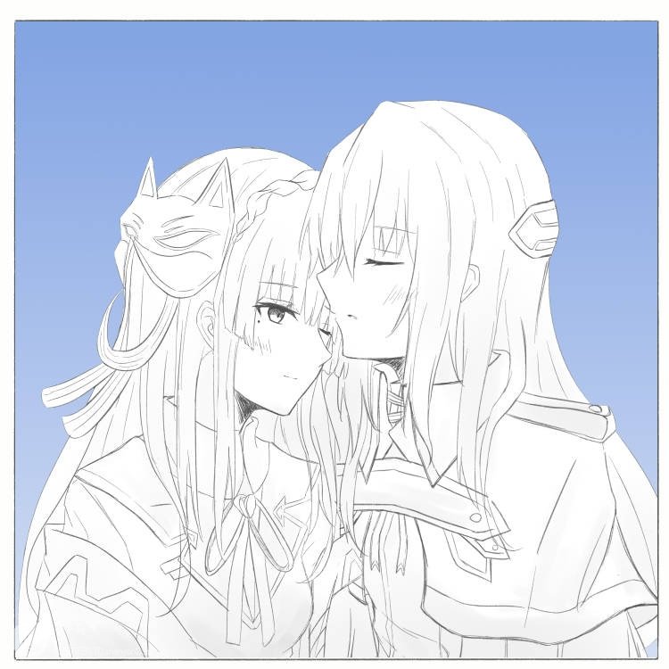 2girls, blue_background, braid, capelet, crown_braid, fox_mask, hair_between_eyes, heaven_burns_red