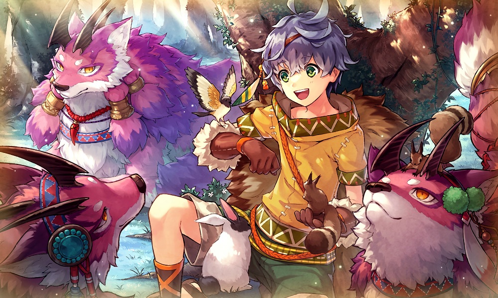 1boy, :d, ahoge, ayi_(gumi), bird, brown_gloves, closed_mouth, commentary_request, creature, gloves, green_eyes, green_shorts, lega_(ta_ga_tame_no_alchemist), looking_at_animal, male_focus, official_art, on_ground, open_mouth, outdoors, rabbit, second-party_source, shirt, short_hair, short_sleeves, shorts, sitting, smile, squirrel, ta_ga_tame_no_alchemist, teeth, tree, upper_teeth_only, yellow_eyes, yellow_shirt