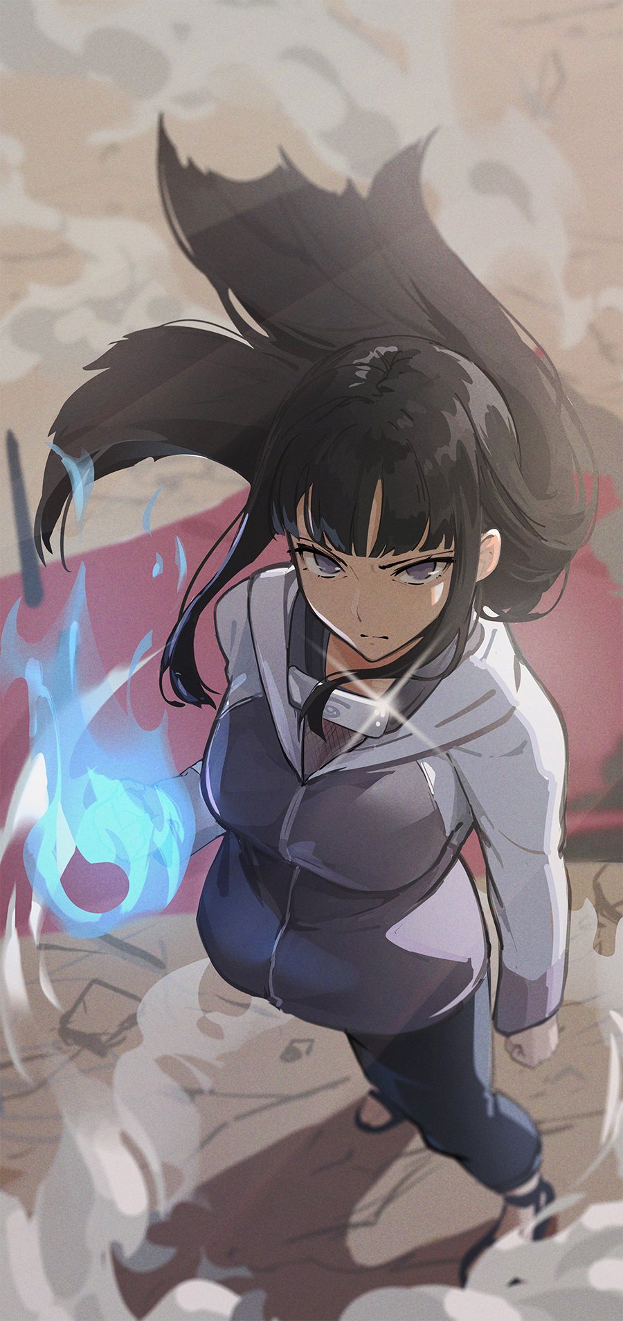 1girl, black_hair, blunt_bangs, breasts, c-eye, full_body, highres, hime_cut