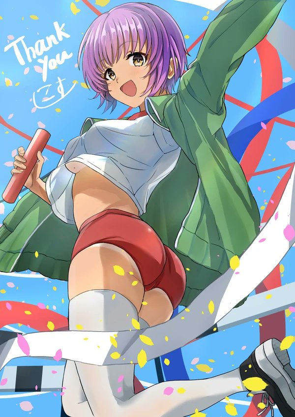 1girl, arm_up, ass, bloomers, breasts, commentary_request, green_jacket, hair_between_eyes