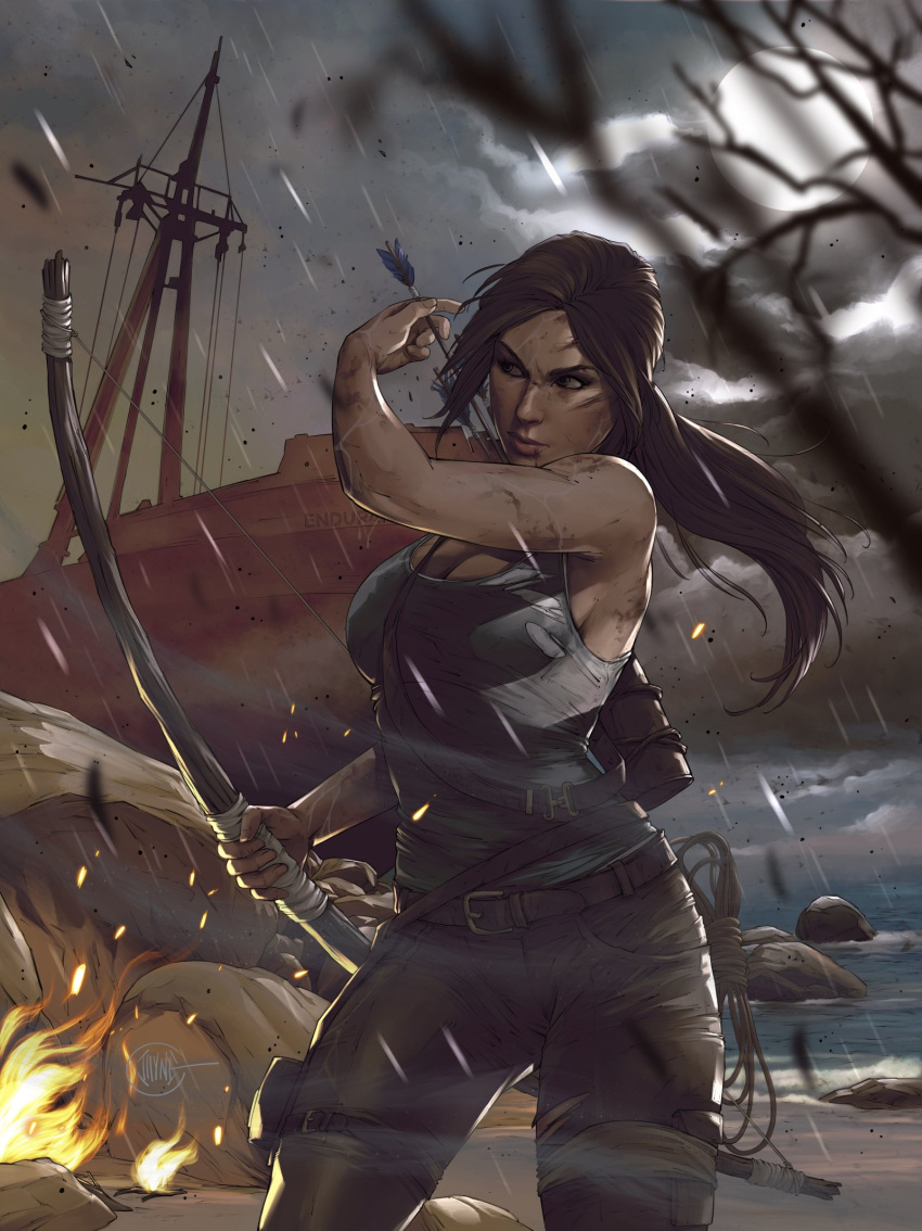 1girl, bare_tree, bow_(weapon), breasts, brown_eyes, brown_hair, brown_pants, campfire