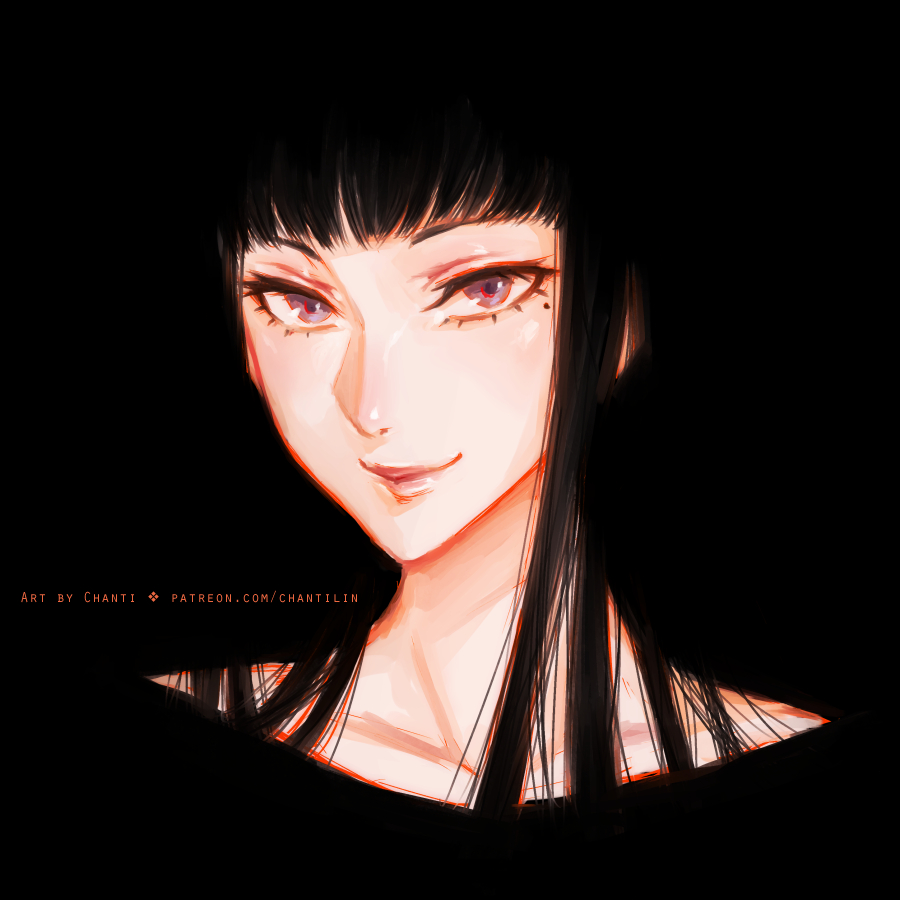 1girl, artist_name, black_background, black_hair, blending, chanti_(chantilin), commentary, english_commentary