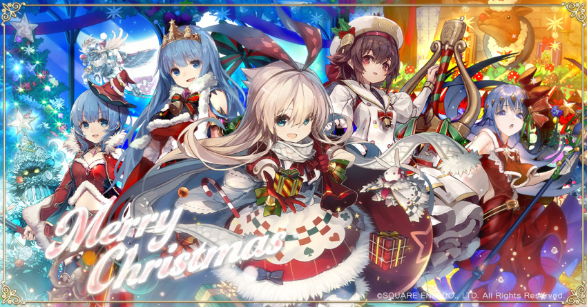 5girls, alice_(seiya)_(grimms_notes), artist_collaboration, blonde_hair, blue_eyes, blue_hair, breasts, brown_hair, christmas, christmas_present, christmas_tree, cinderella_(seiya)_(grimms_notes), copyright_notice, fir_tree_(grimms_notes), gift, grimms_notes, holding, holding_weapon, hosato_mikine, little_mermaid_(seiya)_(grimms_notes), merry_christmas, midriff, monster, multiple_girls, navel, nuda, official_art, purple_hair, red_eyes, reindeer, rudolph_the_red_nosed_reindeer_(grimms_notes), snow_white_(seiya)_(grimms_notes), suzuno_(bookshelf), tifa18, violet_eyes, weapon, yellow_eyes