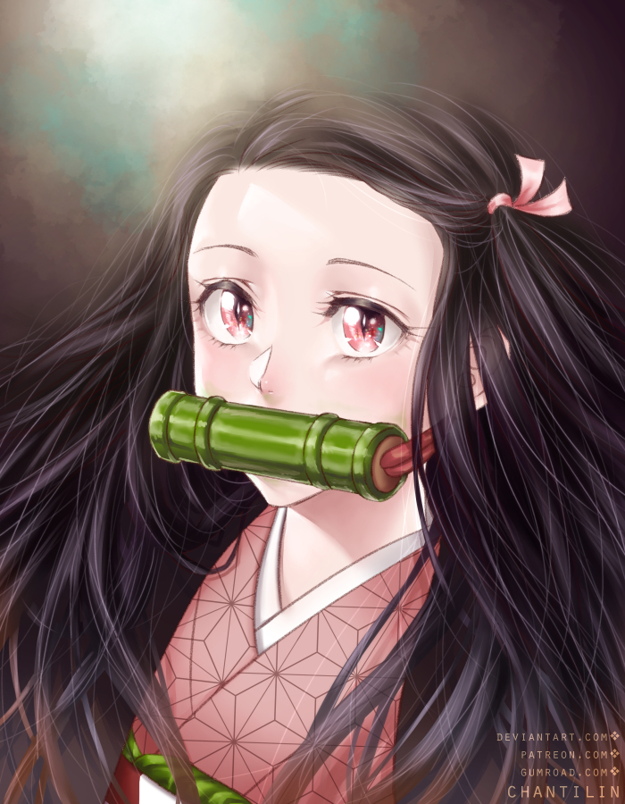 1girl, artist_name, bamboo, bit_gag, black_hair, chanti_(chantilin), commentary, english_commentary, gag, hair_ribbon, japanese_clothes, kamado_nezuko, kimetsu_no_yaiba, kimono, pink_hair, pink_kimono, ribbon, slit_pupils, solo, upper_body, web_address