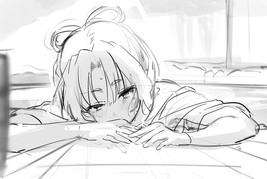 1boy, agetapan_ll, blush, bow-shaped_hair, covering_own_mouth, curtained_hair, dot_nose, dripping