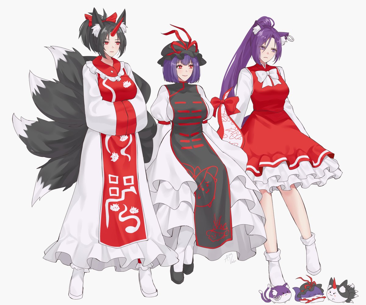 3girls, animal_ear_fluff, animal_ears, aroevela, black_footwear, black_hair, black_hat, bow