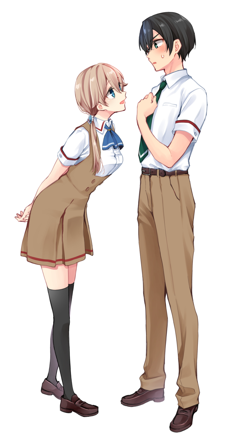 1boy, 1girl, aqua_eyes, asazuki_norito, ascot, bent_over, black_hair, black_thighhighs, blonde_hair, blue_ascot, blue_eyes, breasts, brown_dress, brown_footwear, brown_pants, commentary_request, dress, green_necktie, hair_over_shoulder, highres, loafers, medium_breasts, mikami_nagisa, mikami_nagisa_(female), necktie, pants, pleated_dress, ponytail, sagimiya_ryou, sagimiya_ryou_(male), school_uniform, shoes, short_dress, sweatdrop, thigh-highs, zenbu_kimi_no_sei