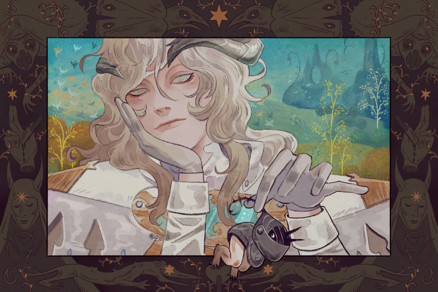 1boy, aqua_eyes, blonde_hair, border, brianne_neumann_(ghostbri), creature, gloves, hair_between_eyes