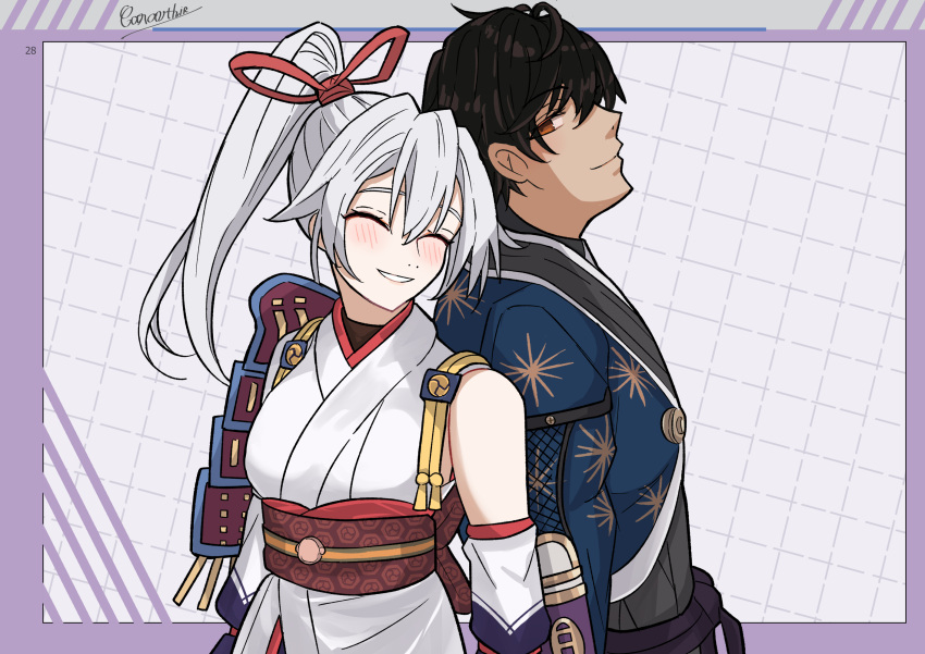 1boy, 1girl, armor, bare_shoulders, black_hair, blush, breasts, brown_eyes, caravthir, closed_eyes, fate/grand_order, fate/samurai_remnant, fate_(series), highres, husband_and_wife, japanese_armor, japanese_clothes, large_breasts, ponytail, rogue_saber_(fate/samurai_remnant), shoulder_armor, signature, smile, tomoe_gozen_(fate), white_hair