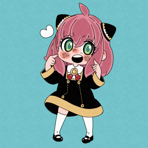 1girl, ahoge, anya_(spy_x_family), black_dress, black_footwear, blue_background, blush, child